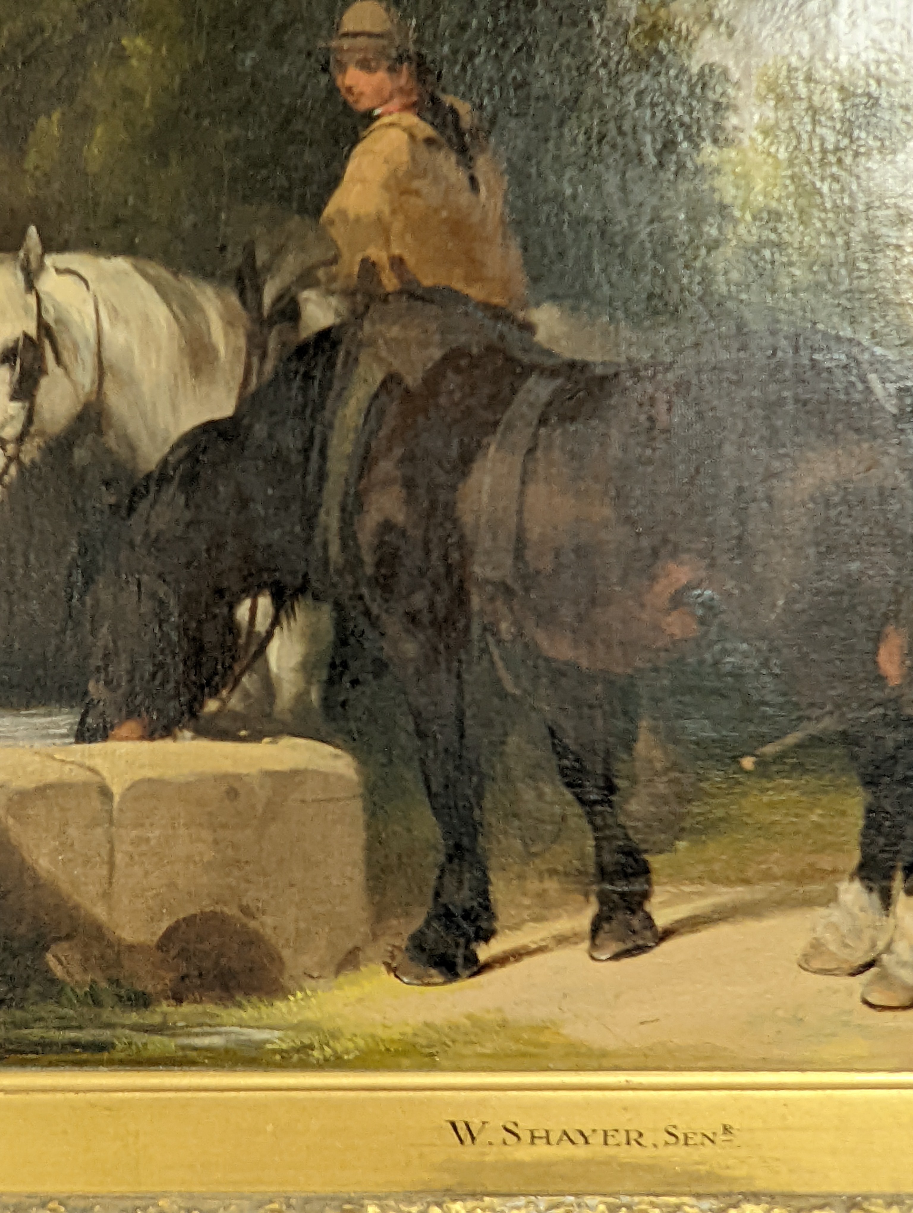 Three Victorian oils including William Shayer Senior, oil on canvas, horses watering, 19.5 x 26 cm; English school, oil on board, cows by a river, 16.5 x 24 cm and Oil on canvas Fisherman by a boat, 26 x 37 cm (3)